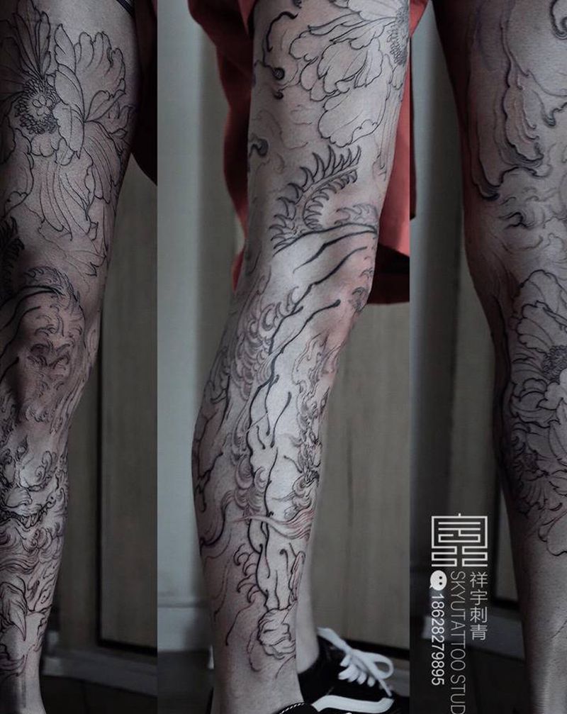 唐狮 未完纹身图片_腿部新传统唐狮纹身图案