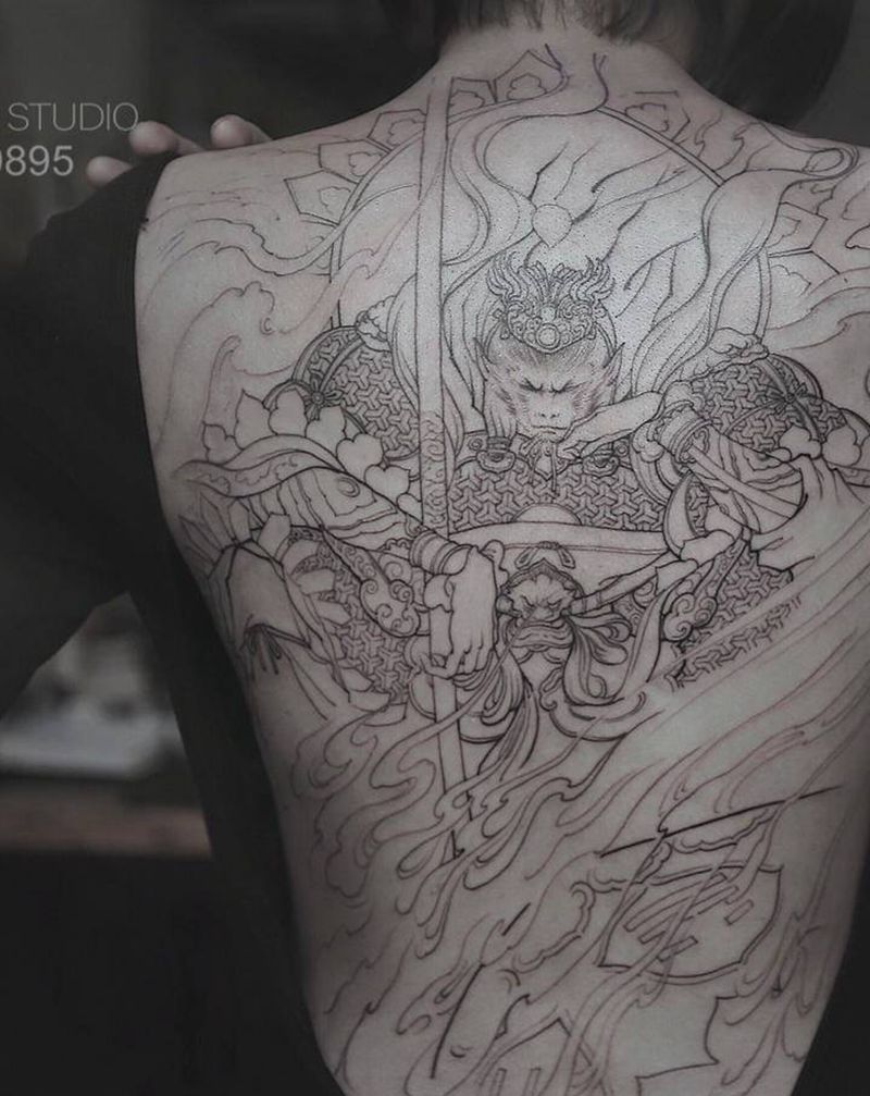 凌霄之上纹身图片_背部新传统大圣纹身图案