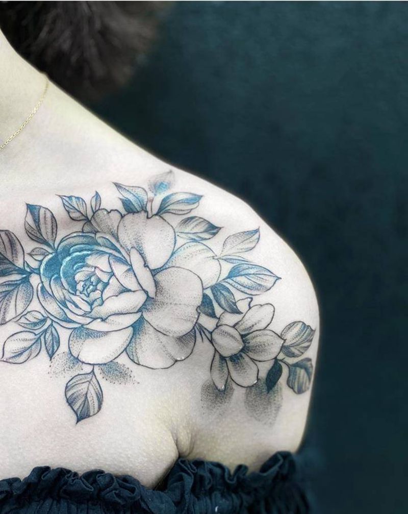 素花遮盖纹身图片_胸部点刺纹身图案