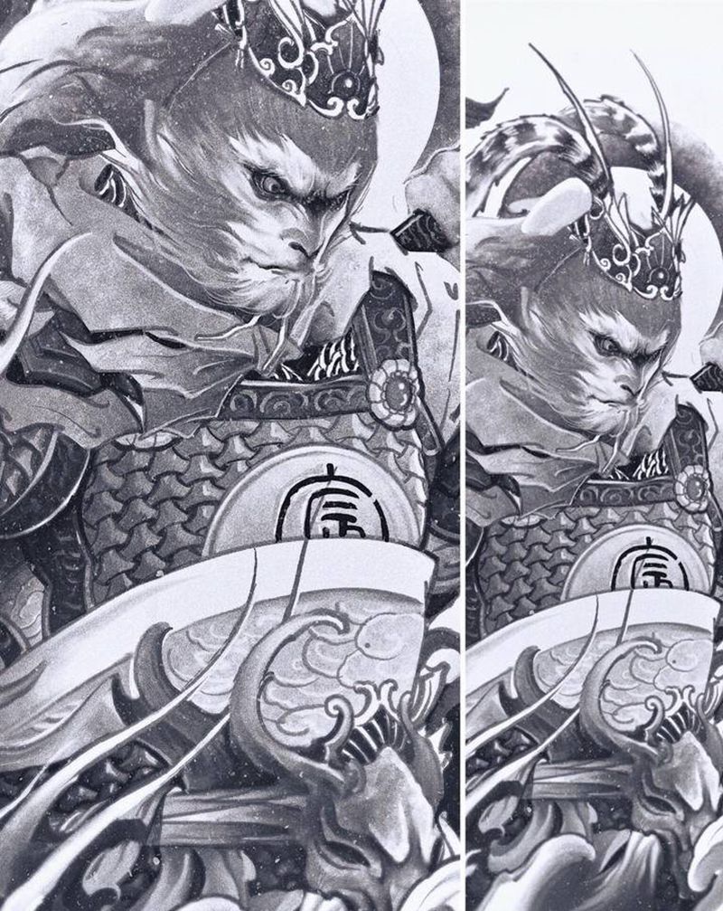 定制手稿纹身图片_腿部新传统齐天大圣纹身图案