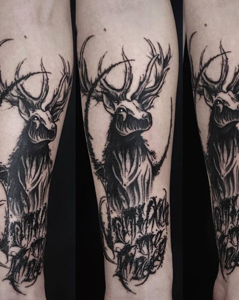 zombie deer n l纹身图片_手臂花体字点刺纹身图案