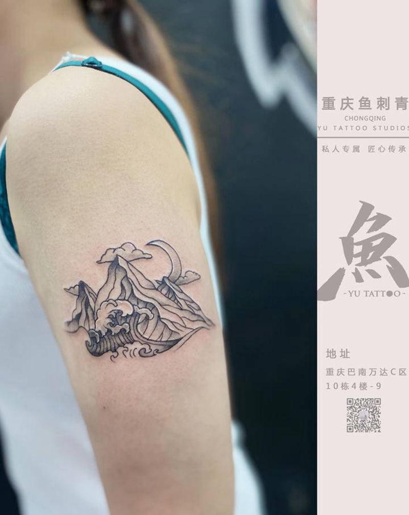 山河湖海遮盖纹身图片_手臂点刺纹身图案