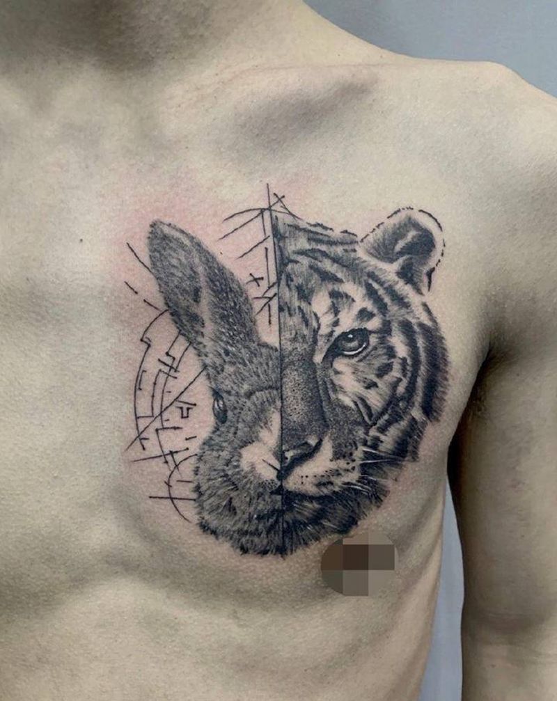 兔与老虎纹身图片_胸部欧美写实点刺纹身图案