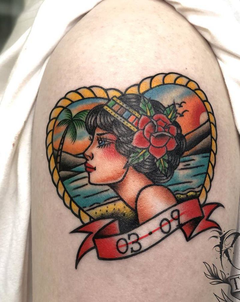 old school藏女郎纹身图片_手臂Old School藏族女郎纹身图案