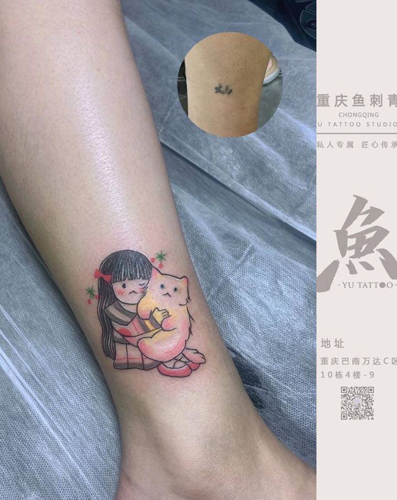 遮盖小女孩猫咪纹身图片_腿部水彩纹身图案