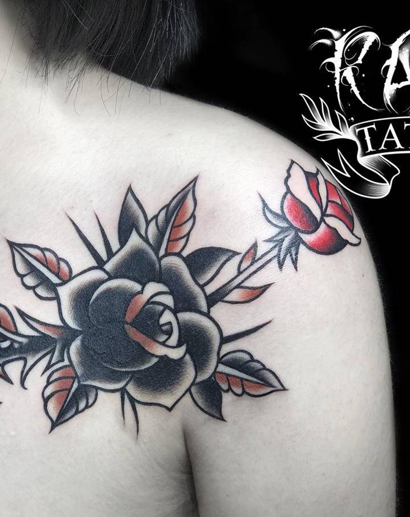 玫瑰遮盖小清新纹身图片_胸部Old School玫瑰纹身图案