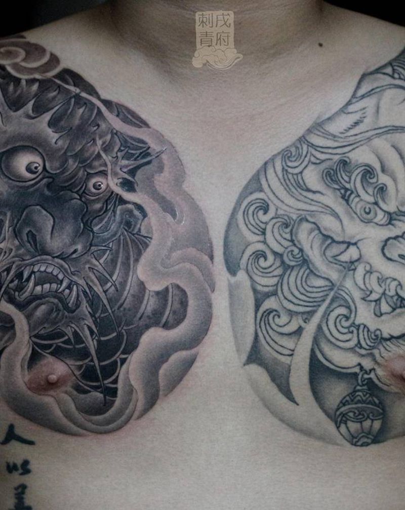 半甲纹身图片_手臂胸部新传统龙纹身图案