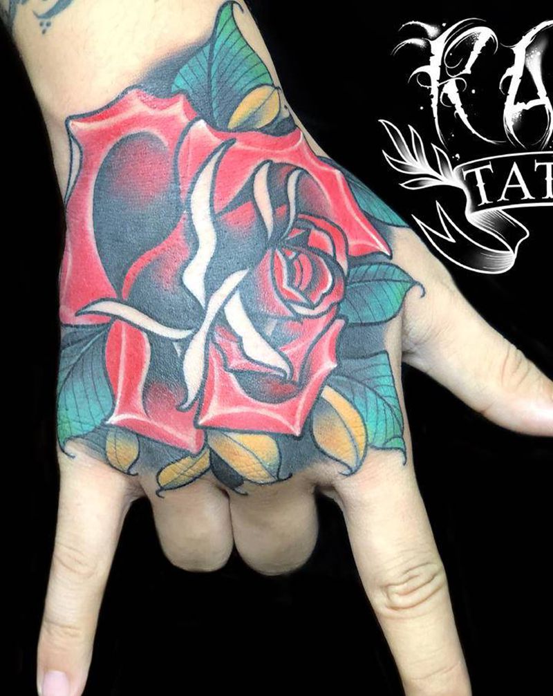 new school玫瑰手背纹身图片_手部New School纹身图案