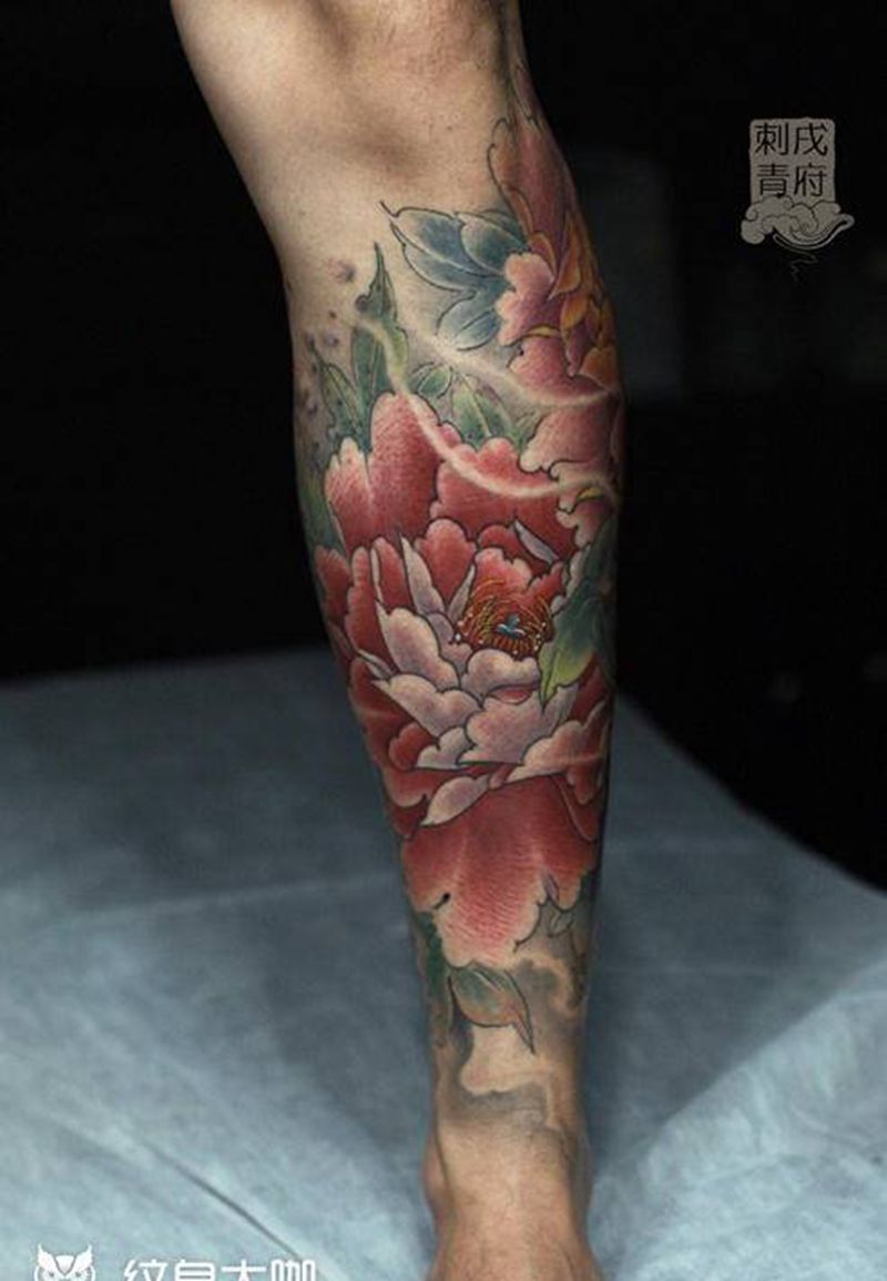 花中富贵 【牡丹】纹身图片_腿部脚部新传统老传统中国风牡丹纹身图案