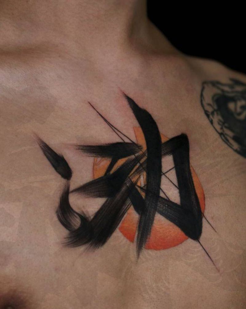 水墨纹身图片_胸部纹身图案