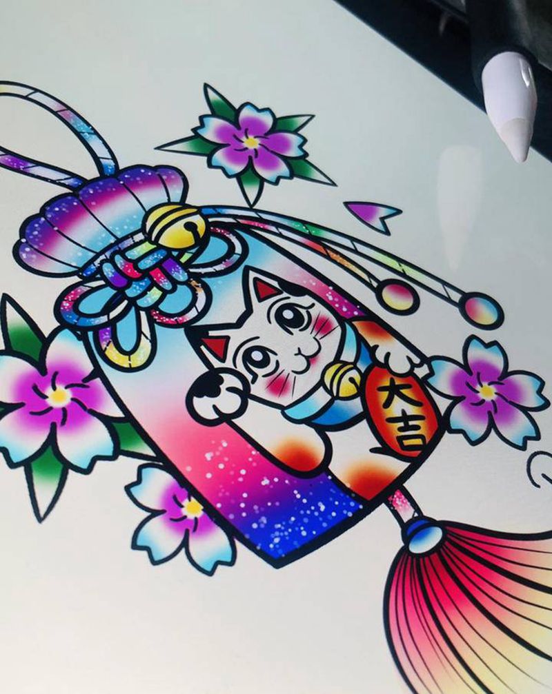 招财猫御守纹身图片_卡通纹身图案