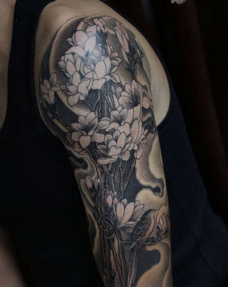 冒寒迎春【白玉兰】纹身图片_手臂手部新传统老传统花玉兰花纹身图案