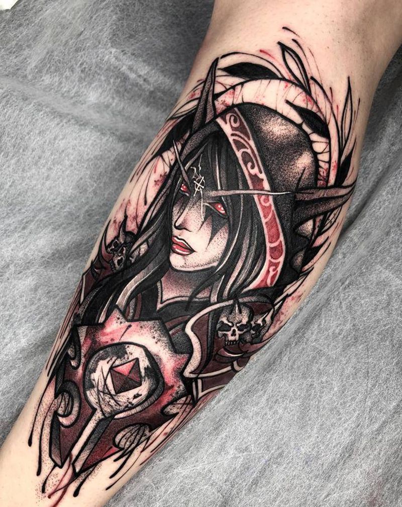 ——希尔瓦娜斯·风行者纹身图片_腿部New School纹身图案