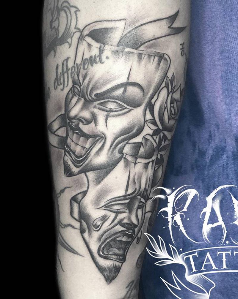 忧伤还是快乐纹身图片_手臂欧美写实小丑纹身图案