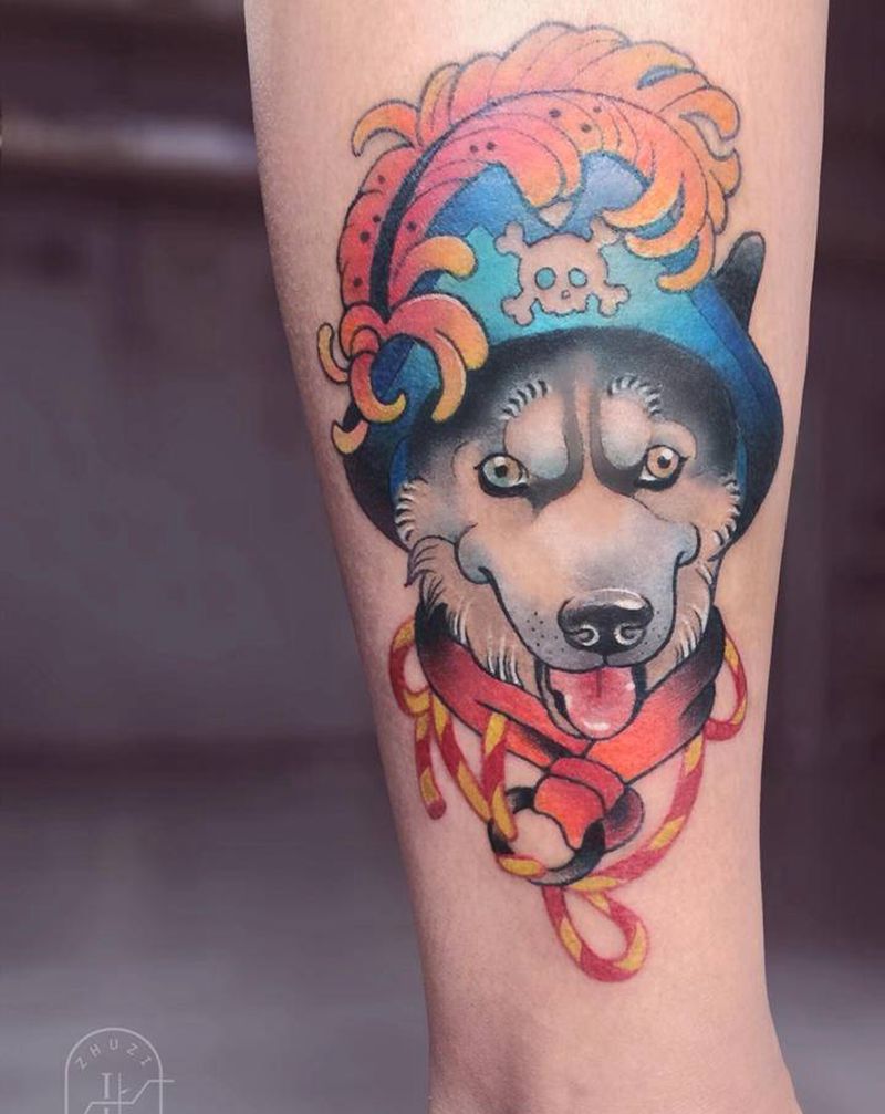 同一个牌子的狗狗纹身图片_腿部背部New School纹身图案