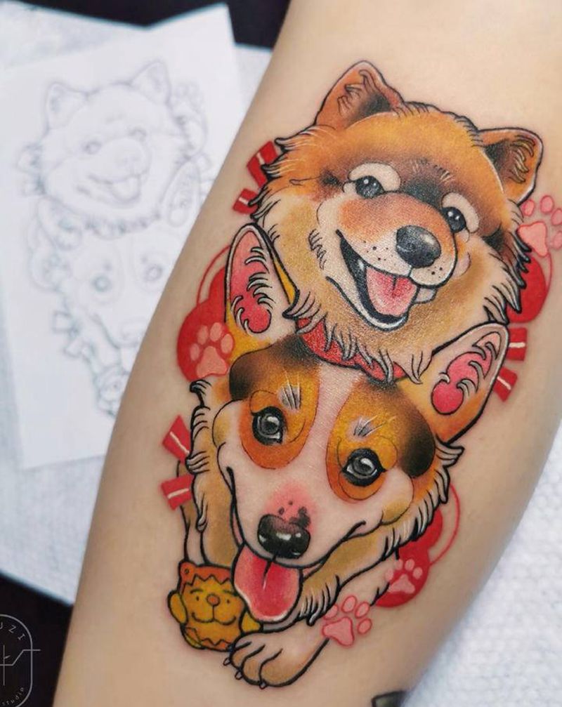 客人家的旺财纹身图片_脚部腿部New School纹身图案