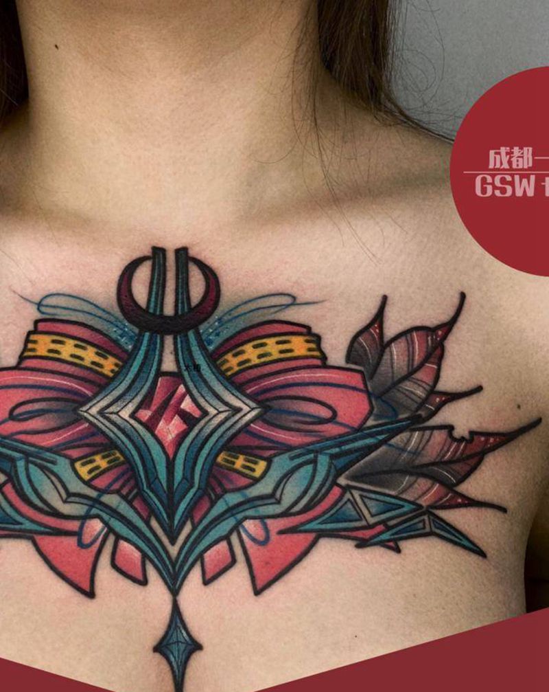花胸纹身图片_胸部New School纹身图案