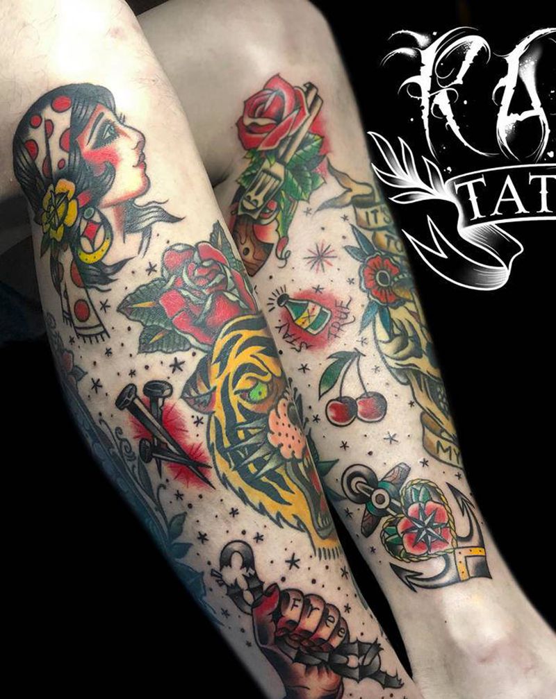 Old school美式包小腿纹身图片_腿部Old School包小腿纹身图案