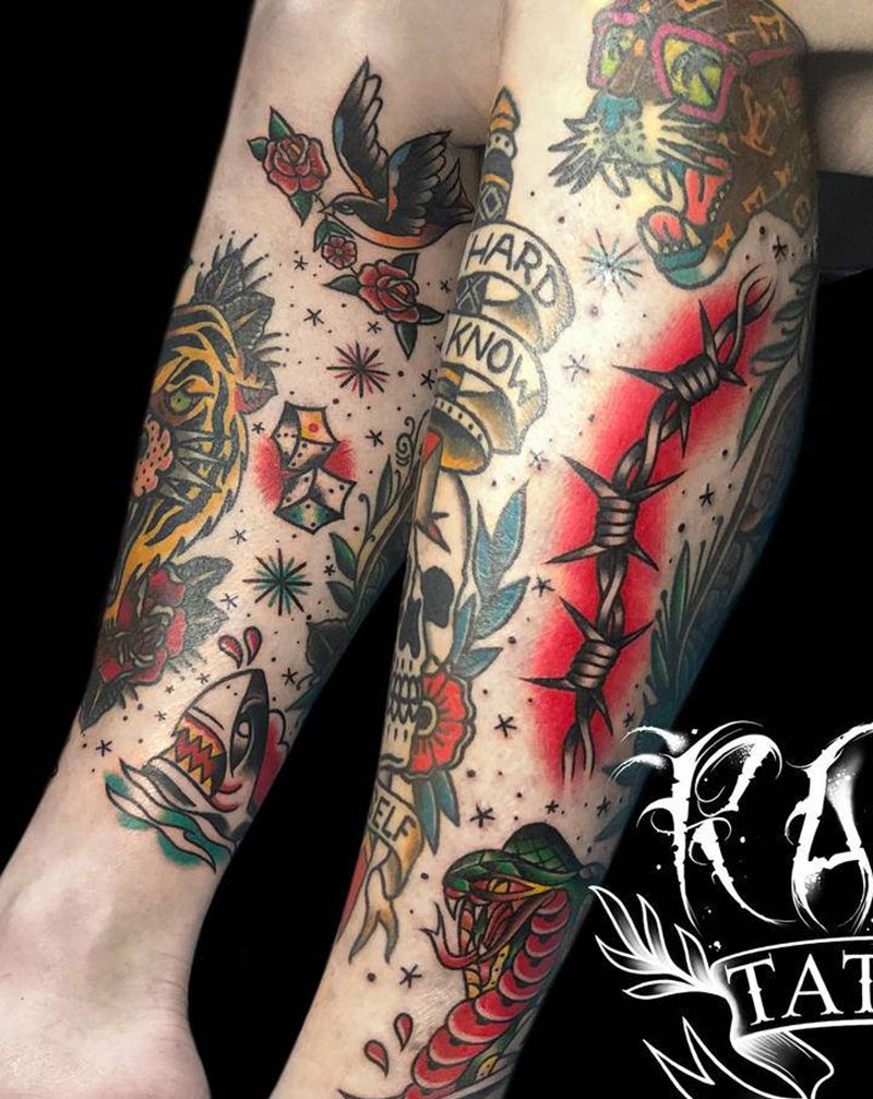 old school美式包小腿纹身图片_腿部Old School包小腿纹身图案