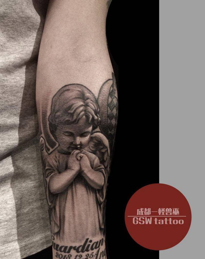 天使纹身图片_手臂欧美写实纹身图案