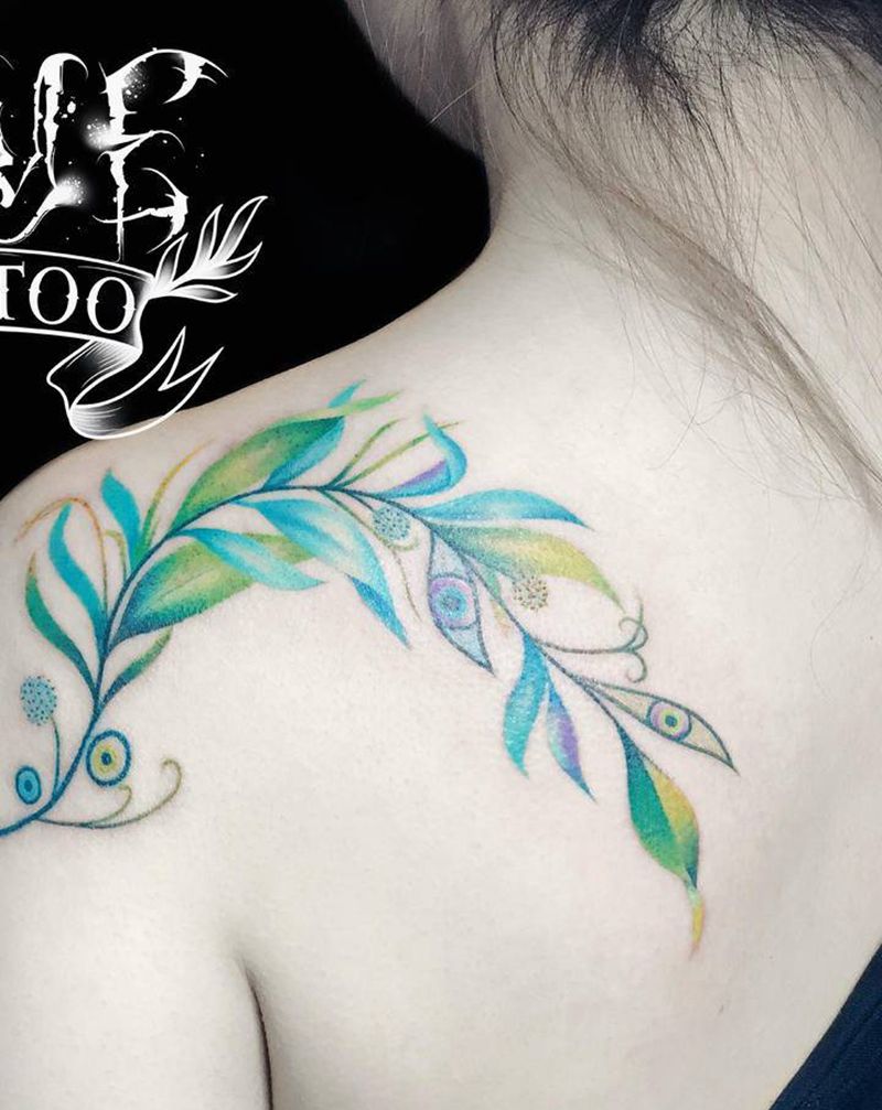 原创植物纹身图片_背部水彩植物纹身图案