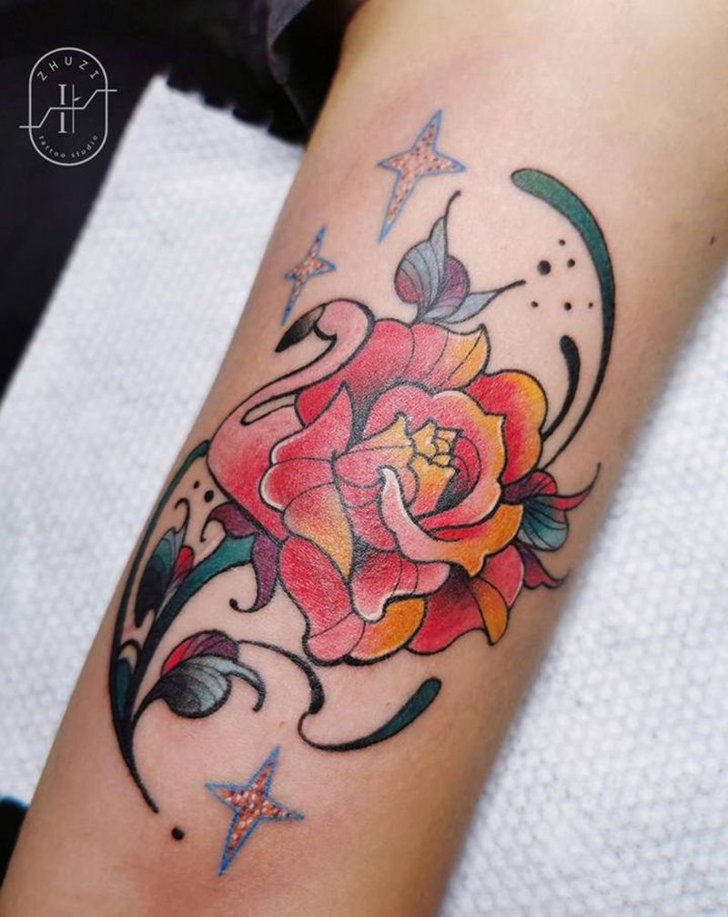 玫瑰与火烈鸟纹身图片_手臂手部New School纹身图案