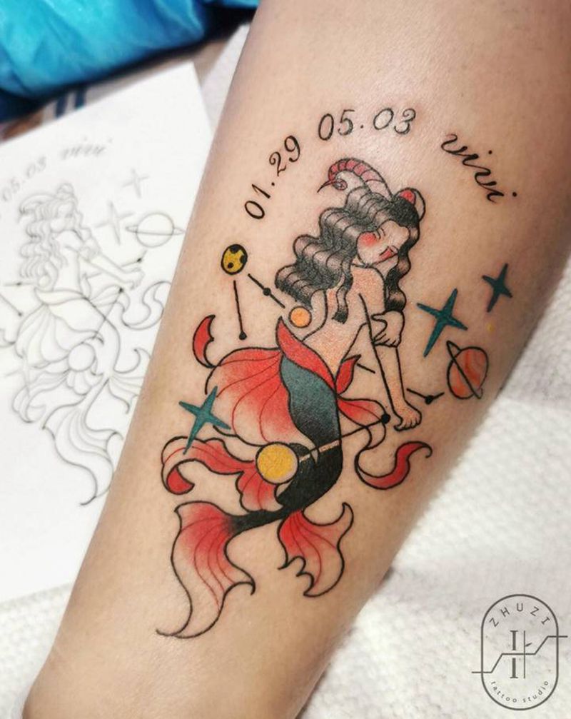 摩羯座纹身图片_脚部腿部New School纹身图案