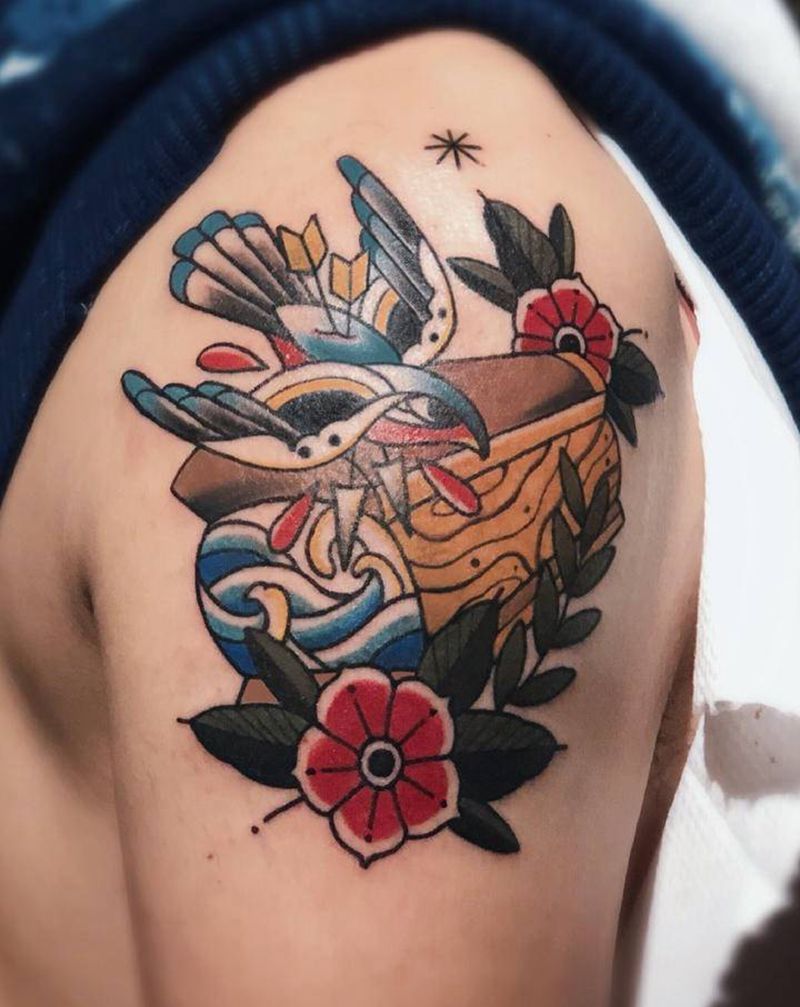 无脚鸟和中式棺材纹身图片_手臂手部Old School纹身图案