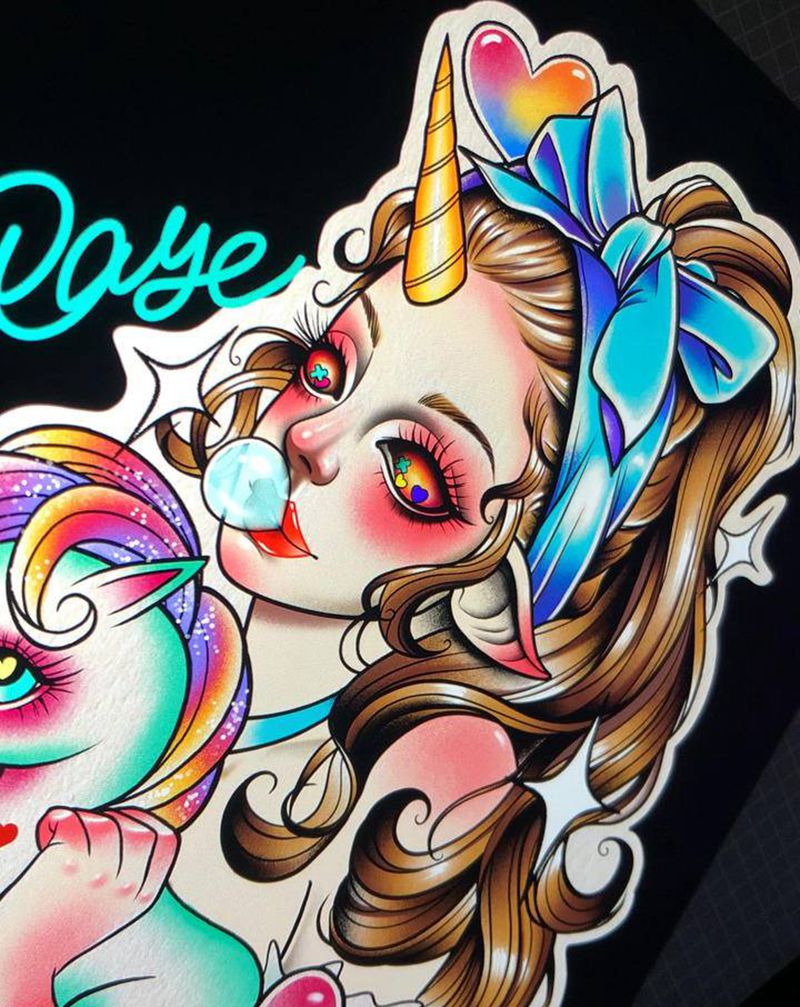 独角兽少女纹身图片_手臂脚部New School原创独角兽纹身图案