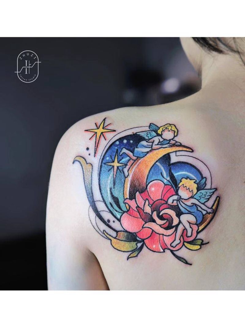 月亮天使纹身图片_肩部背部New School纹身图案