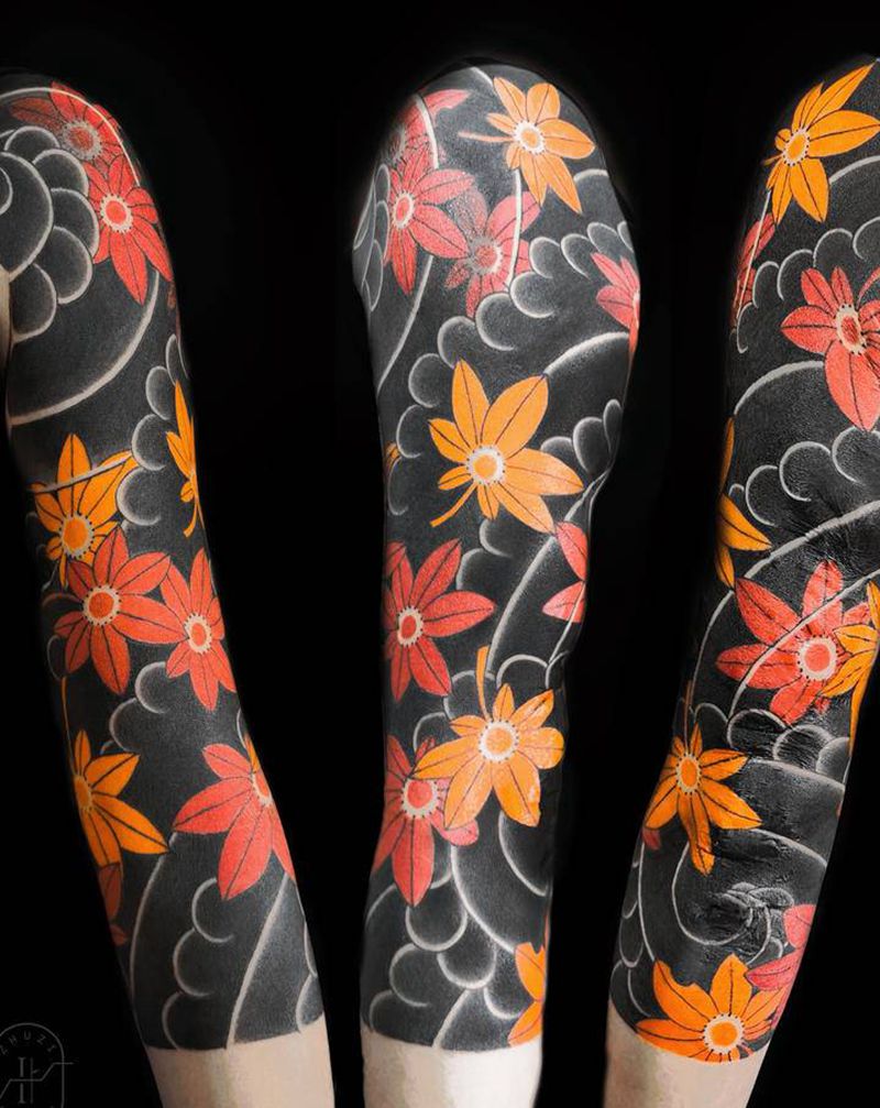 老传统枫叶臂纹身图片_手臂老传统纹身图案