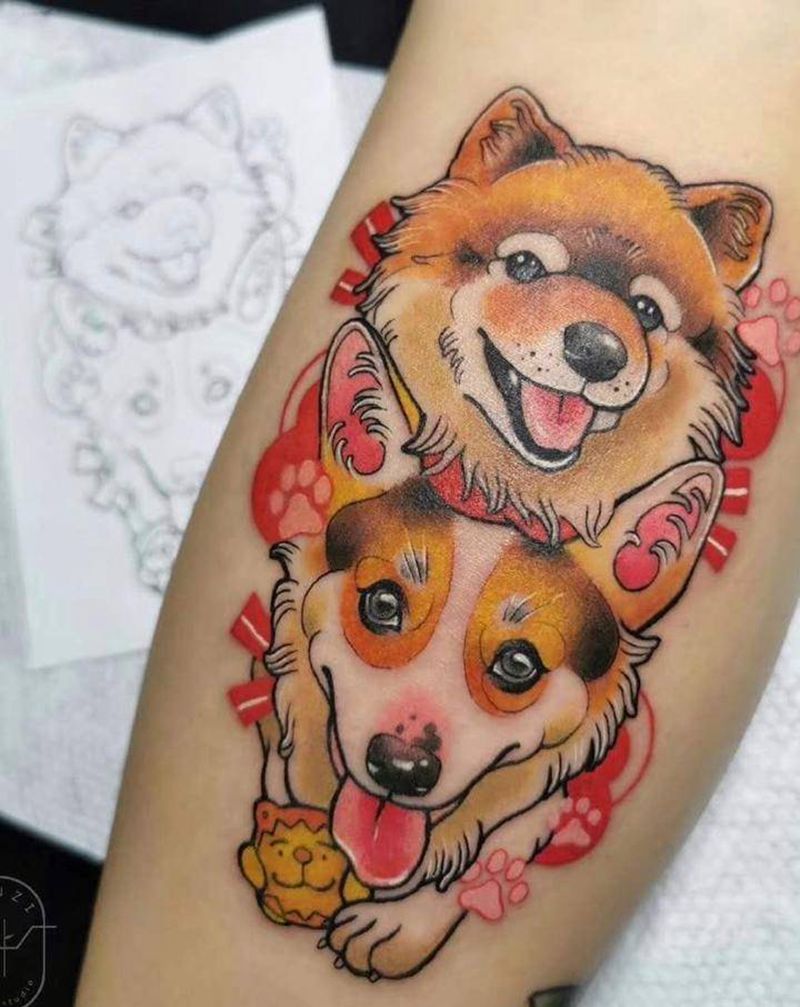 两只小狗纹身图片_腿部纹身图案