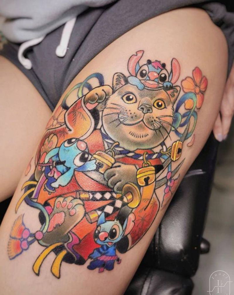 艺妓猫纹身图片_腿部New School猫纹身图案