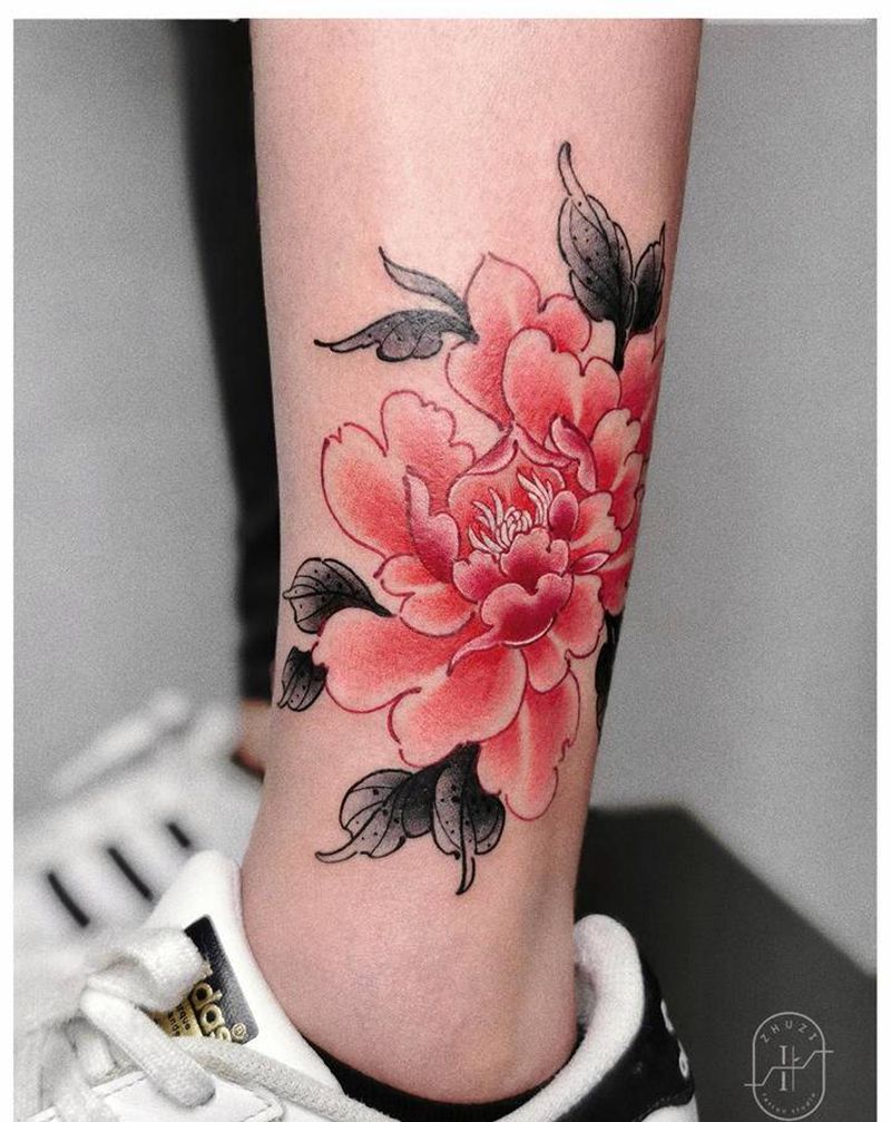 牡丹纹身图片_腿部脚部新传统水彩牡丹纹身图案