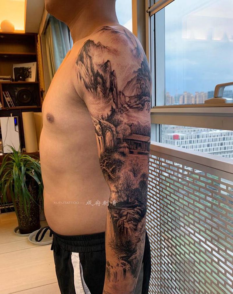 花臂【山水】纹身图片_手臂手部山水花臂写实纹身图案