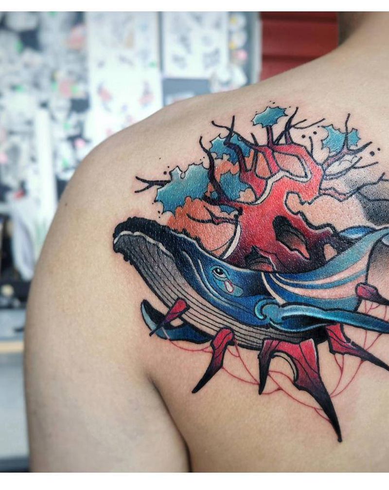 鲸鱼和树纹身图片_背部New School鲸鱼树纹身图案