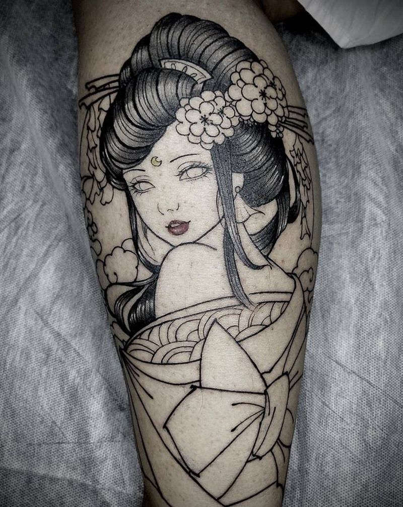 艺伎纹身图片_腿部纹身图案