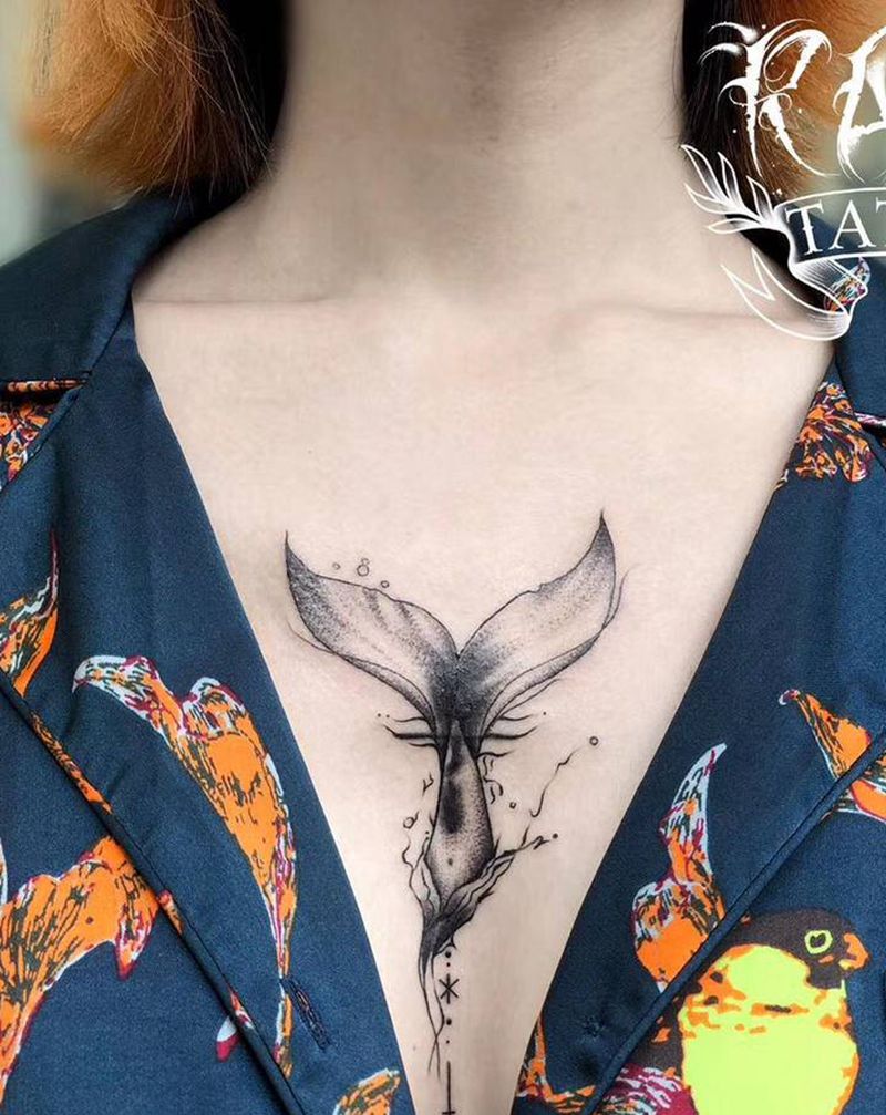 鲸落（遮盖）纹身图片_胸部点刺鲸落纹身图案