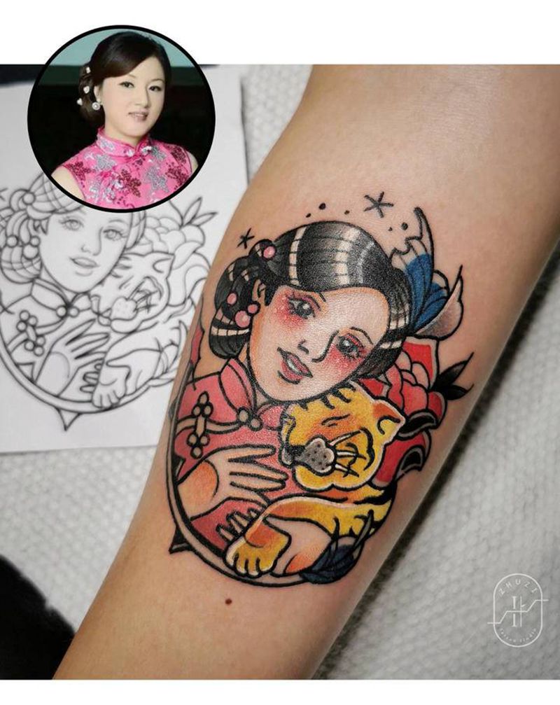 妈妈和女儿纹身图片_手臂手部Old School老虎纹身图案