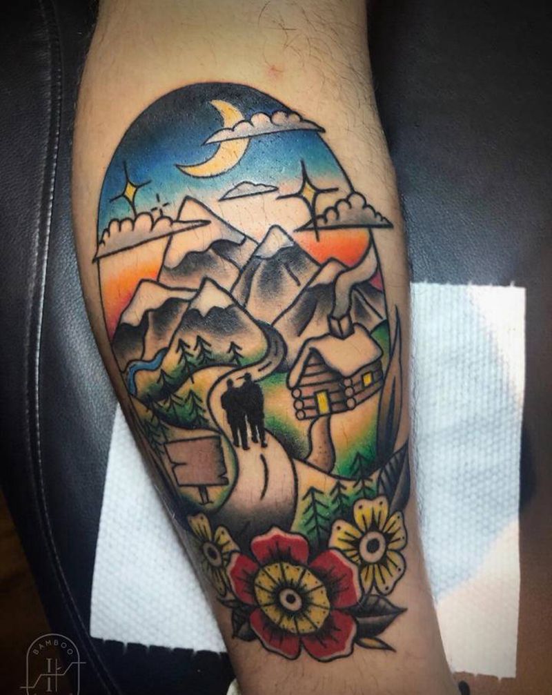 父亲纹身图片_腿部脚部Old School父亲纹身图案