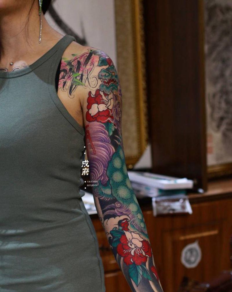 【花臂唐狮】纹身图片_手部手臂新传统老传统花臂唐狮纹身图案