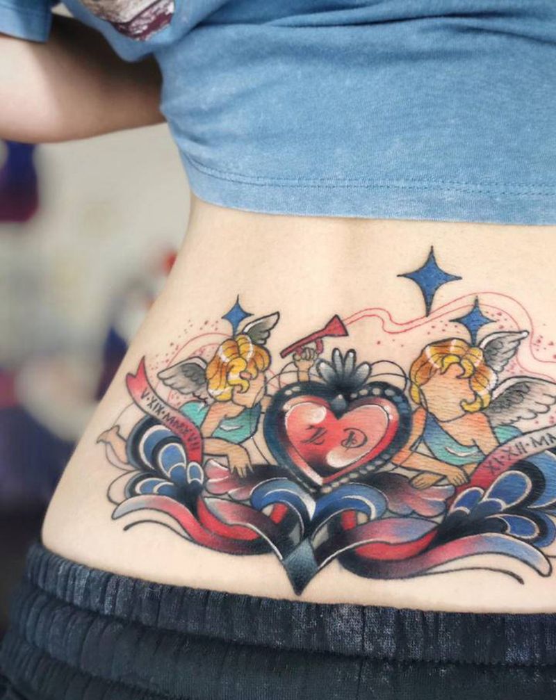 天使纹身图片_腰部New School天使遮盖纹身图案