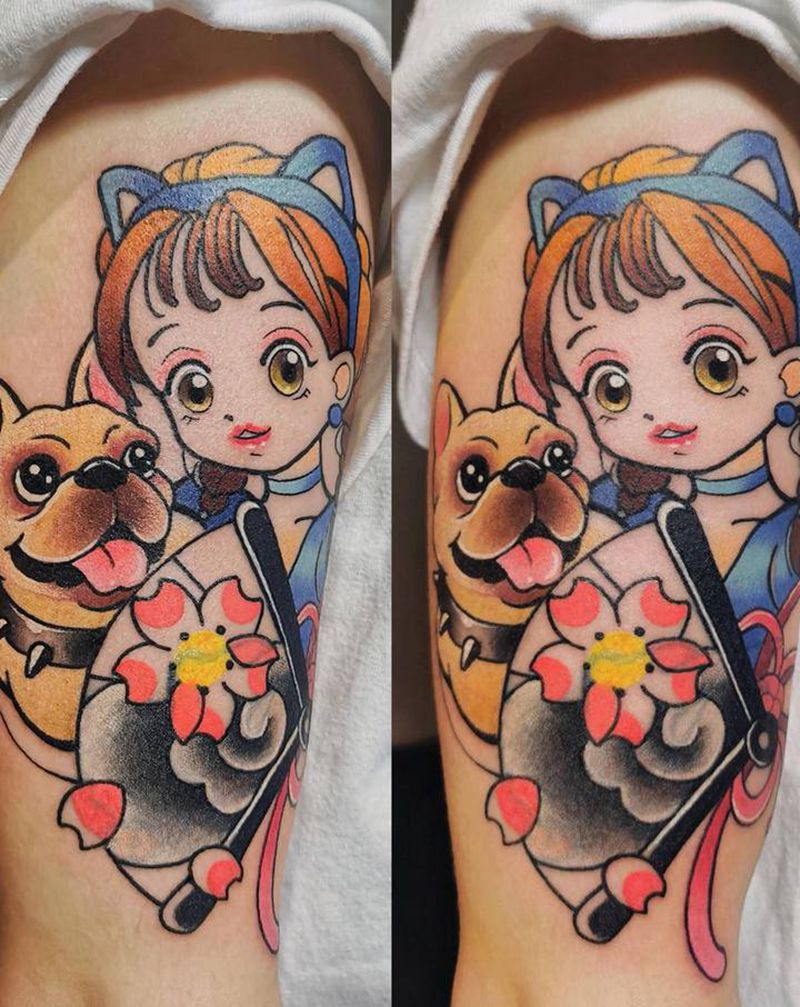 主人与狗纹身图片_手臂手部New School遮盖纹身图案