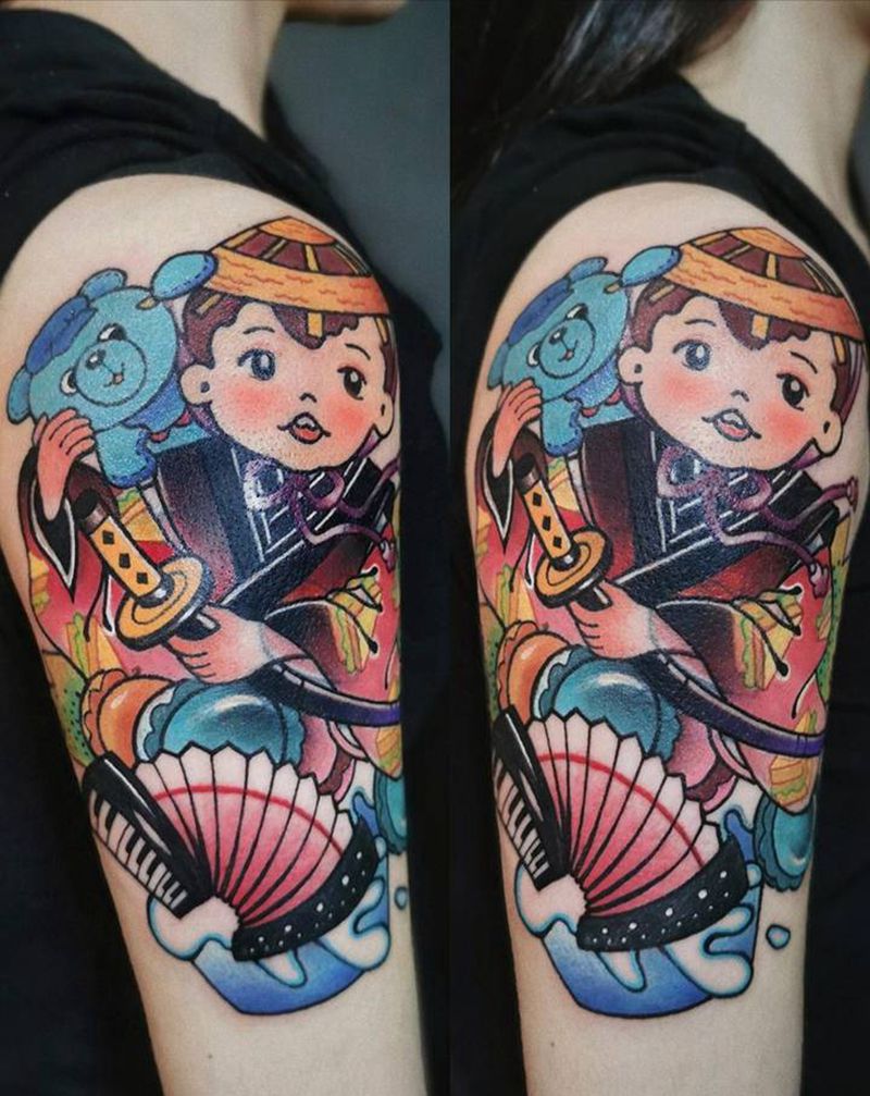 家有小宝纹身图片_手臂手部New School遮盖纹身图案