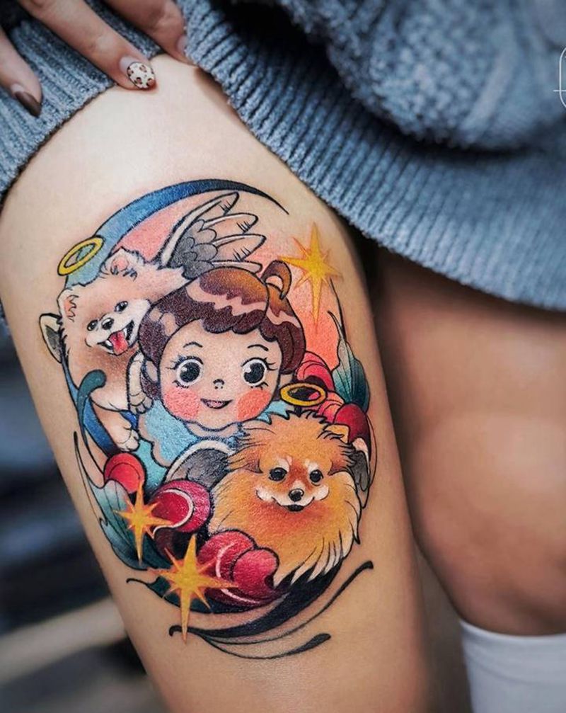 家有三宝纹身图片_腿部脚部New School卡通肖像纹身图案