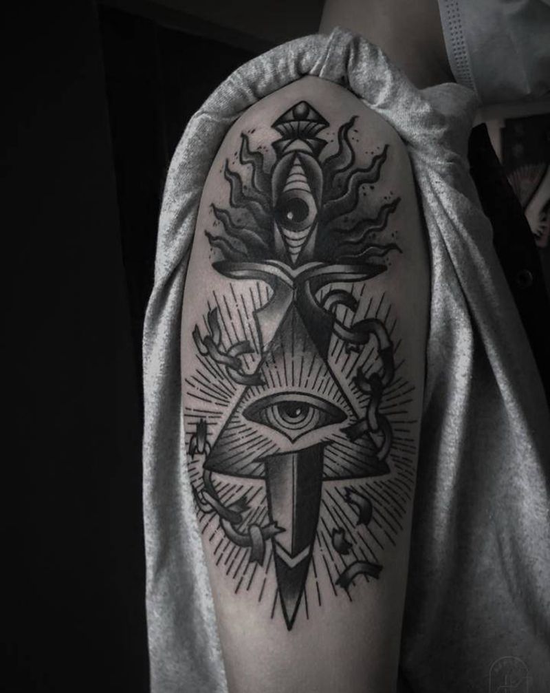 断舍离纹身图片_手臂手部欧美写实New School眼睛匕首纹身图案