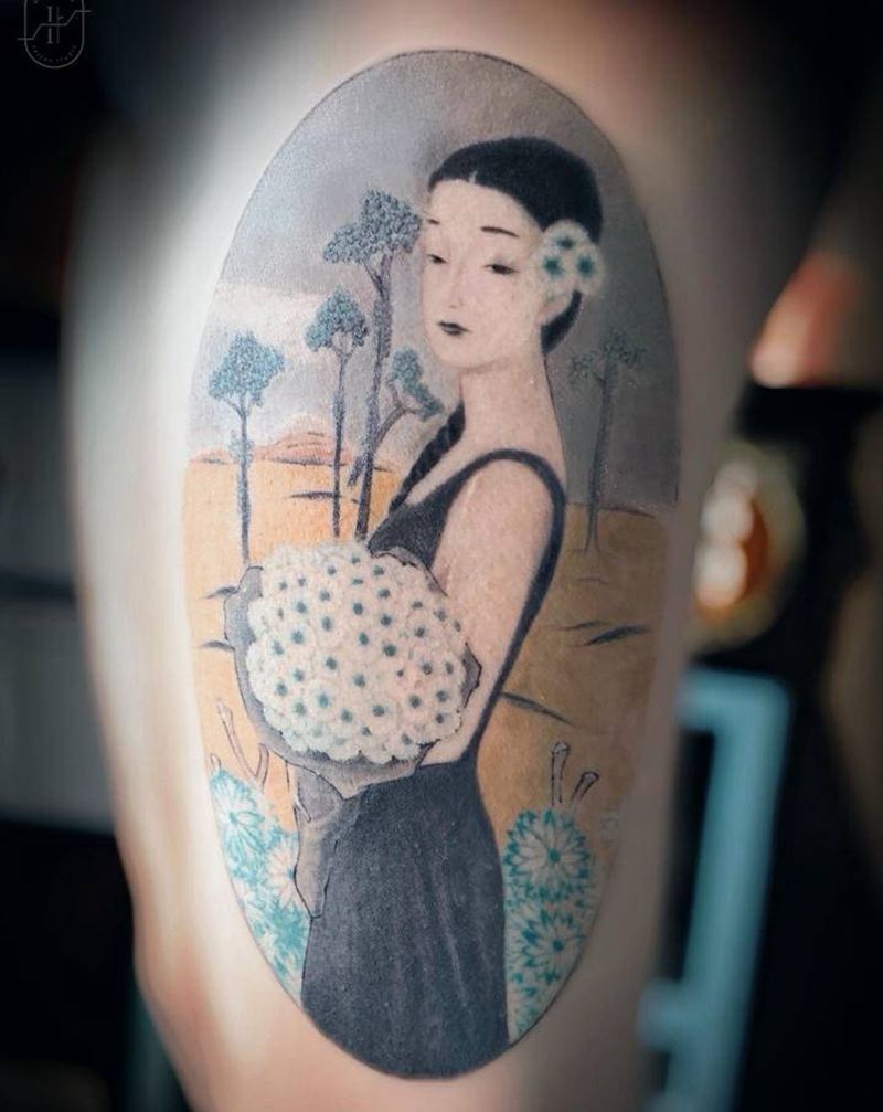 遗作纹身图片_腿部欧美写实纹身图案