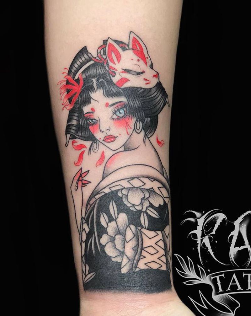 艺妓遮盖旧纹身纹身图片_手臂新传统艺妓纹身图案