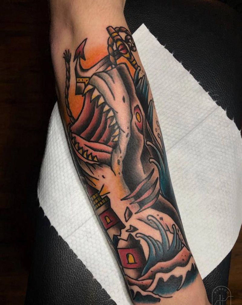 鲨鱼纹身图片_手臂手部Old School纹身图案