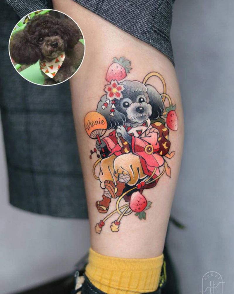 狗纹身图片_腿部脚部New School泰迪纹身图案